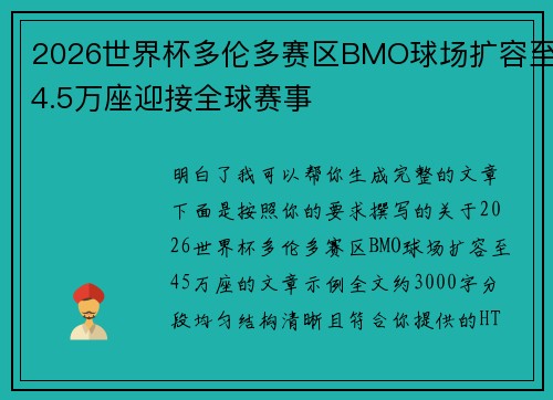 2026世界杯多伦多赛区BMO球场扩容至4.5万座迎接全球赛事 2026世界杯多伦多赛区BMO球场扩容至4.5万座迎接全球赛事
