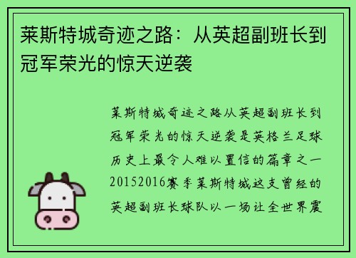 莱斯特城奇迹之路:从英超副班长到冠军荣光的惊天逆袭 莱斯特城奇迹之路:从英超副班长到冠军荣光的惊天逆袭