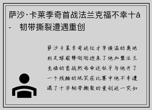 萨沙·卡莱季奇首战法兰克福不幸十字韧带撕裂遭遇重创